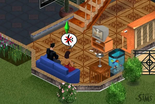 A Sims 1 living room with the CRT console TV on its cart, two controllers on the floor and two Sims on a blue sofa.