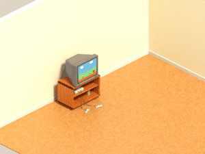 A CRT television on a wooden cart in the corner of a Sims room, showing a platformer game, with a console and two controllers below.