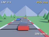 A red car on a mountain road with a speed readout.