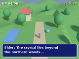 A hero on a path through green hills with a dialogue box.