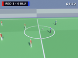 A soccer pitch with red and blue players.